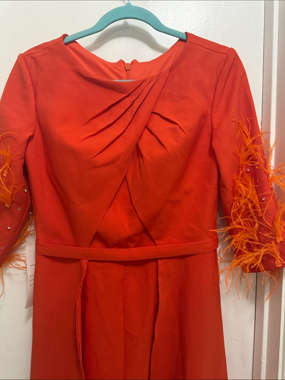 Red Feather Sleeve Evening Jumpsuit - Picture 2 of 6